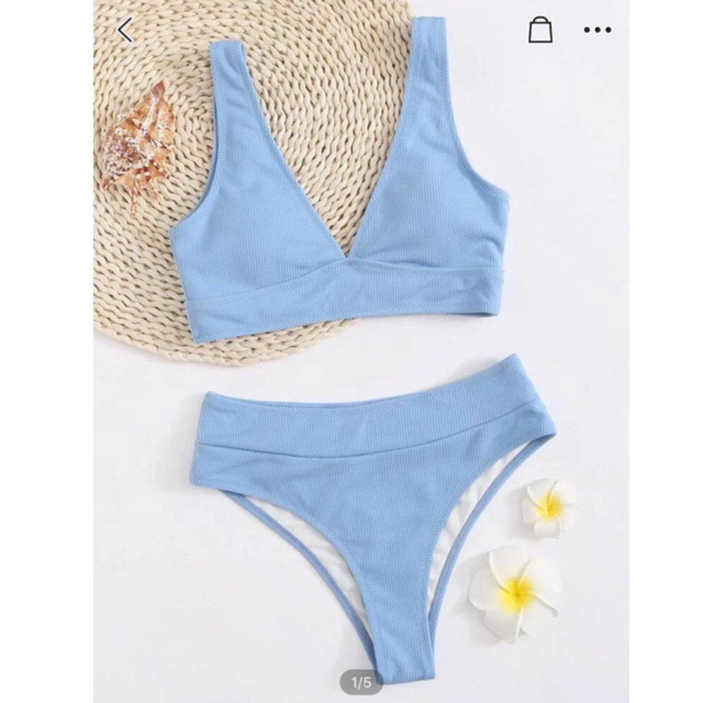 Light Blue Ribbed High Waisted Shein Bikini Set